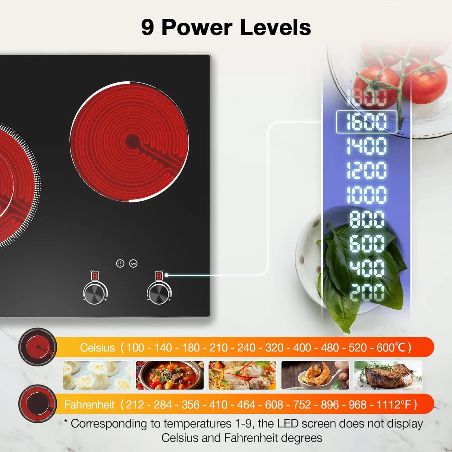 VBGK Electric Cooktop,2100W Built-in & Countertop 2 Burner Electric Cooktop,Electric Stove Top with10 Heating Level, Timer & Kid Safety Lock, LED Knob Touch Control Electric Burner (with Plug)