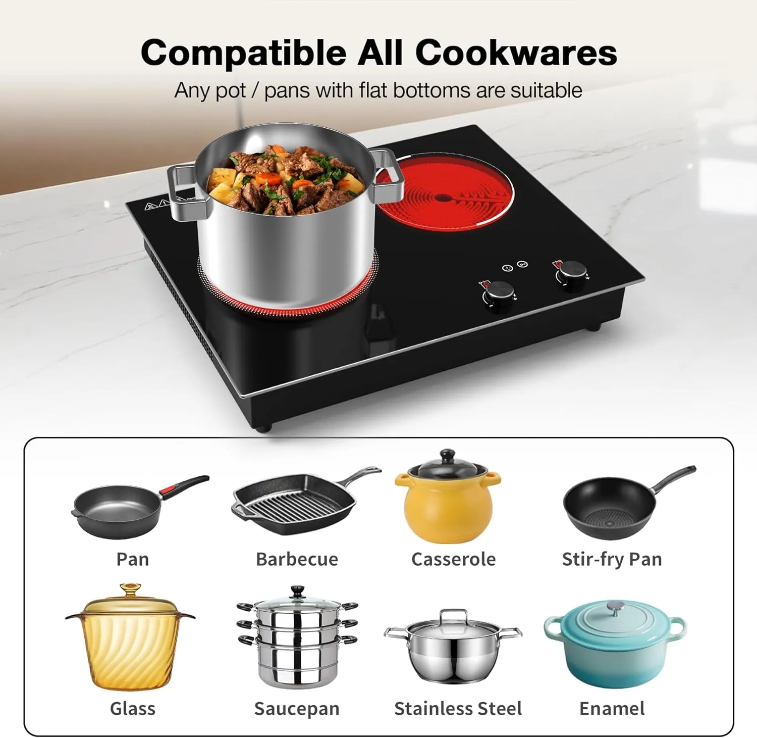 VBGK Electric Cooktop,2100W Built-in & Countertop 2 Burner Electric Cooktop,Electric Stove Top with10 Heating Level, Timer & Kid Safety Lock, LED Knob Touch Control Electric Burner (with Plug)