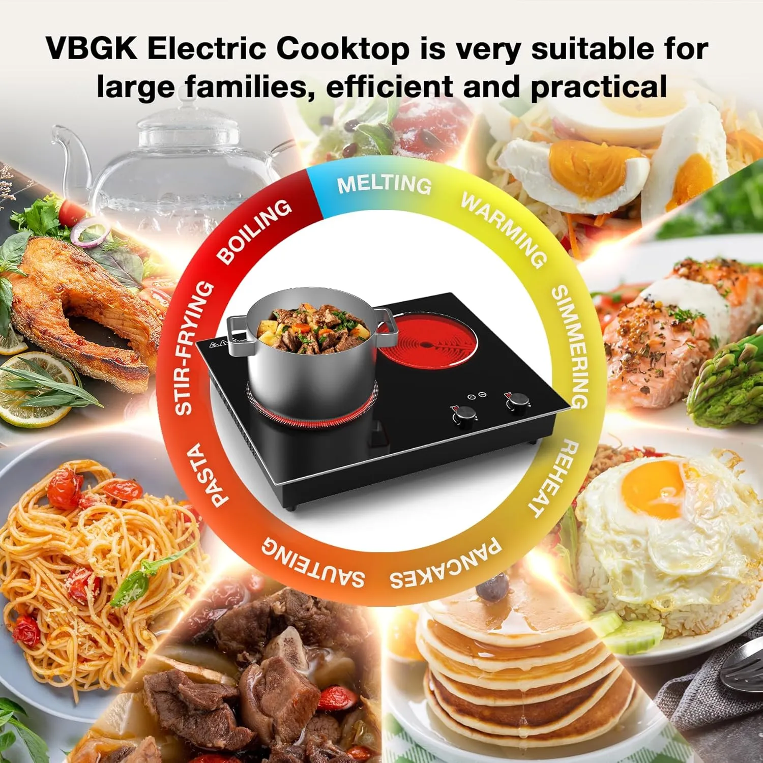 VBGK Electric Cooktop,2100W Built-in & Countertop 2 Burner Electric Cooktop,Electric Stove Top with10 Heating Level, Timer & Kid Safety Lock, LED Knob Touch Control Electric Burner (with Plug)