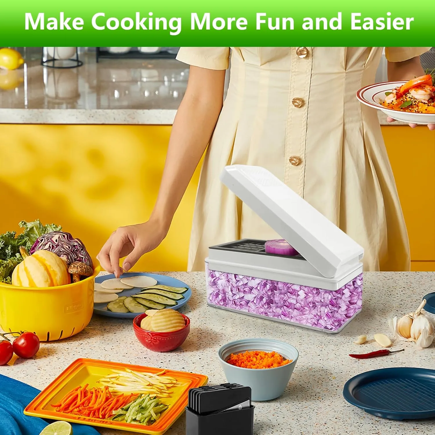 Vegetable Chopper, Onion Chopper Dicer, Mandoline Slicer, Food Chopper with Container, Vegetable Cutter for Salad Potato Carrot Garlic（2 Blades, White Black）
