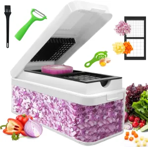 Vegetable Chopper, Onion Chopper Dicer, Mandoline Slicer, Food Chopper with Container, Vegetable Cutter for Salad Potato Carrot Garlic（2 Blades, White Black）