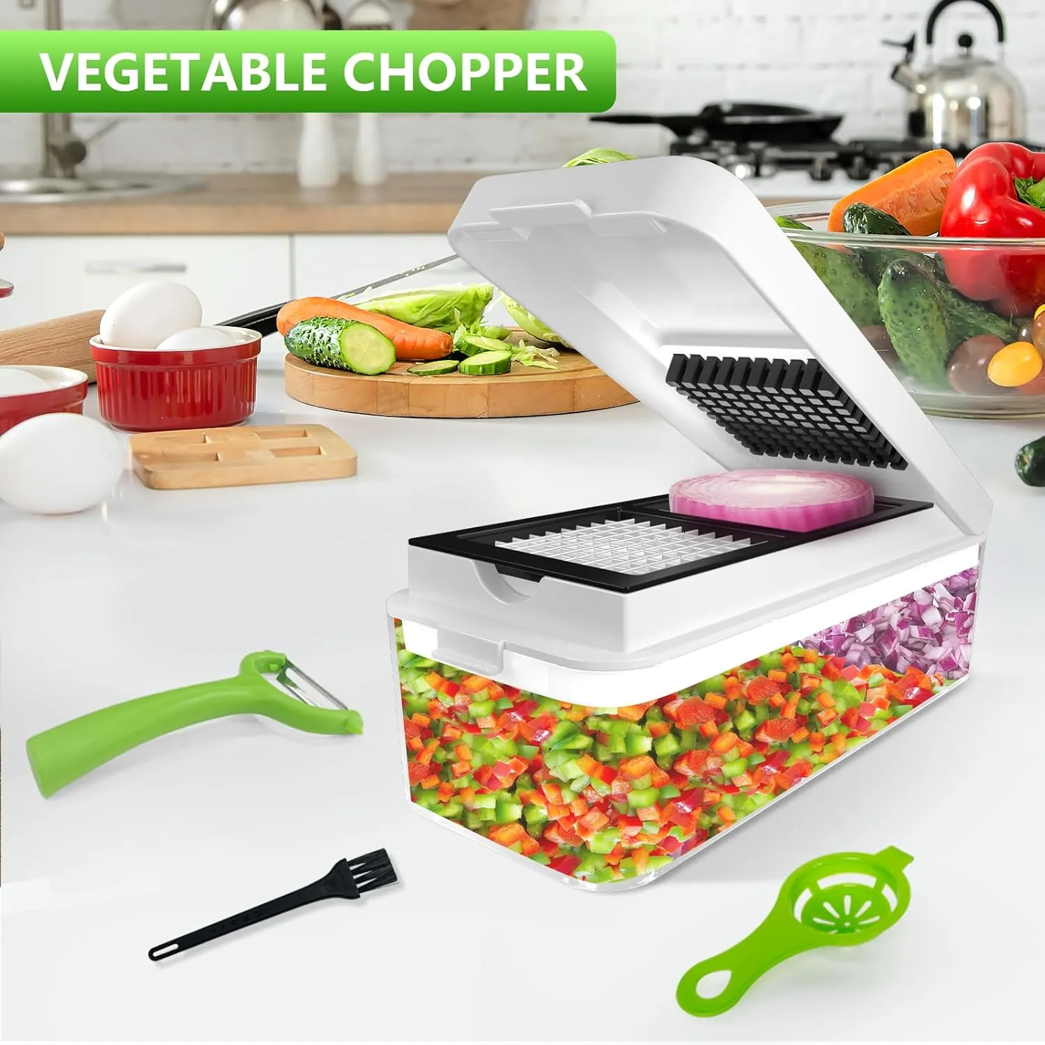 Vegetable Chopper, Onion Chopper Dicer, Mandoline Slicer, Food Chopper with Container, Vegetable Cutter for Salad Potato Carrot Garlic（9 Blades, White Black）