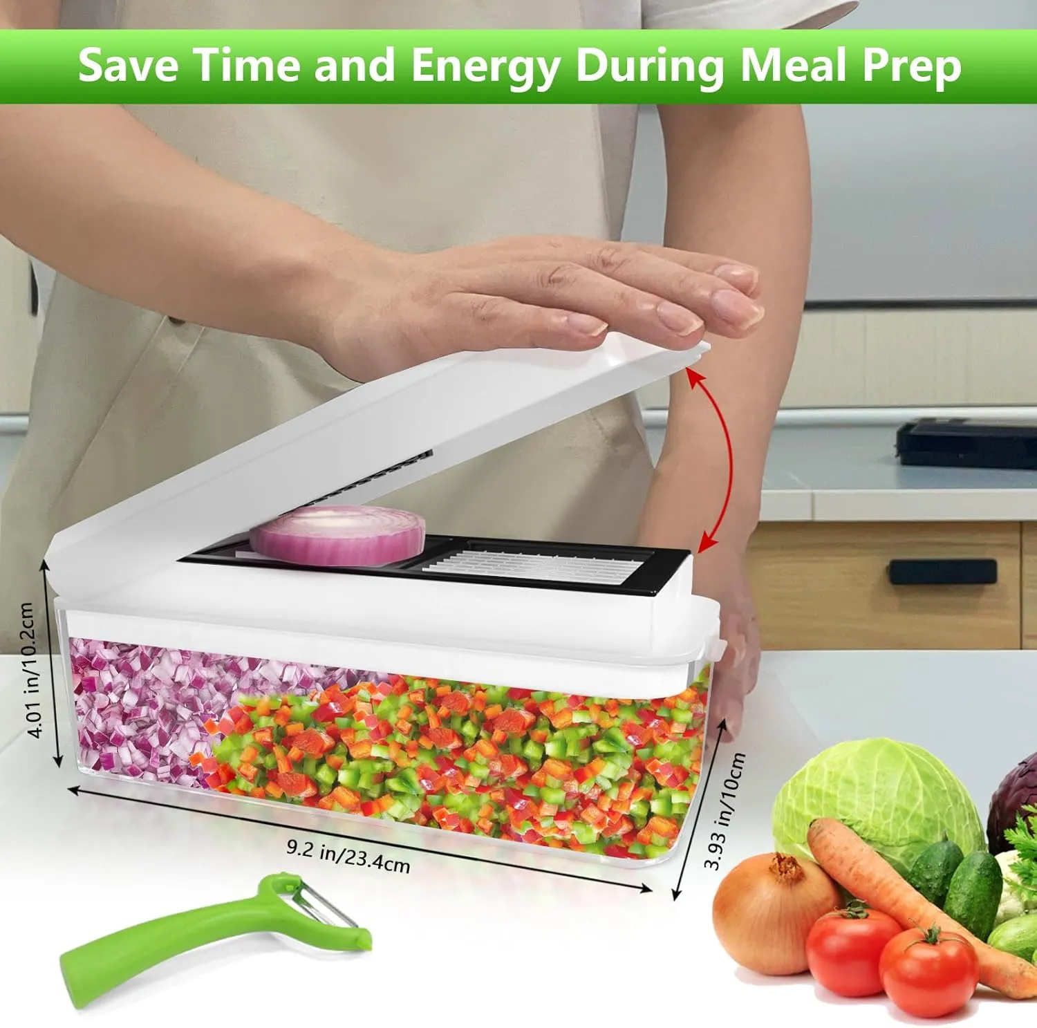 Vegetable Chopper, Onion Chopper Dicer, Mandoline Slicer, Food Chopper with Container, Vegetable Cutter for Salad Potato Carrot Garlic（9 Blades, White Black）