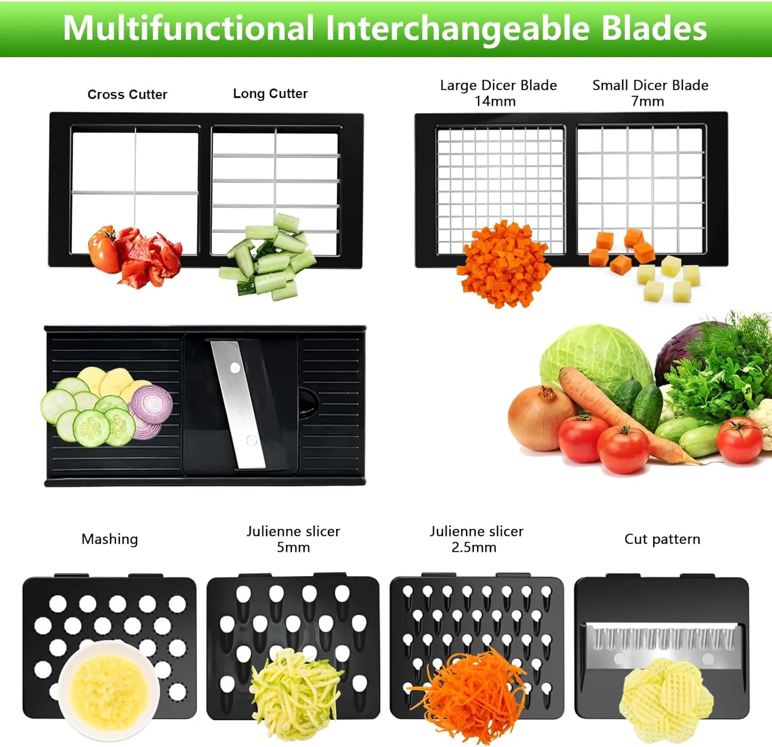 Vegetable Chopper, Onion Chopper Dicer, Mandoline Slicer, Food Chopper with Container, Vegetable Cutter for Salad Potato Carrot Garlic（9 Blades, White Black）