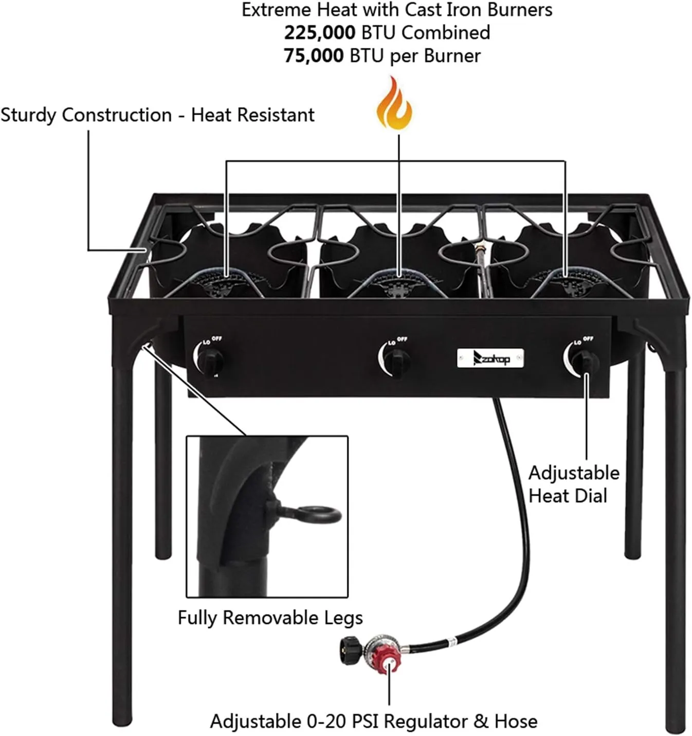 VERYKE Outdoor Camping Burner Stove,Protable Propane Gas Stove,High Pressure Stand Cooker for Backyard,Camping,Home (Three Burner - 225000-BTU)