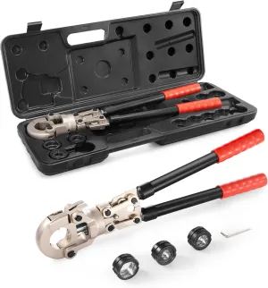 VEVOR Copper Press Tool Tube Fittings Crimping Kit, Pro Press Crimper with 1/2", 3/4", 1" Quick Change Jaws, 360° Rotatable Crimp Tool & Locking Pin, Extendable Handle, Meet ASTM B88 and B75 Standard