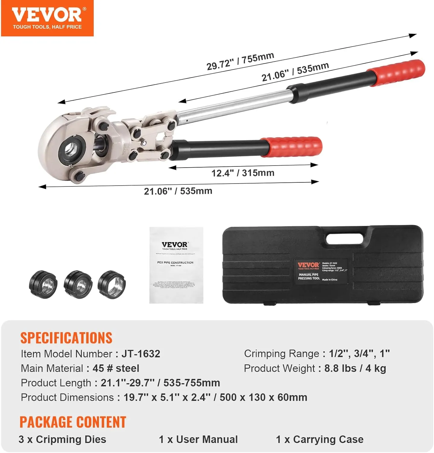 VEVOR Copper Press Tool Tube Fittings Crimping Kit, Pro Press Crimper with 1/2", 3/4", 1" Quick Change Jaws, 360° Rotatable Crimp Tool & Locking Pin, Extendable Handle, Meet ASTM B88 and B75 Standard