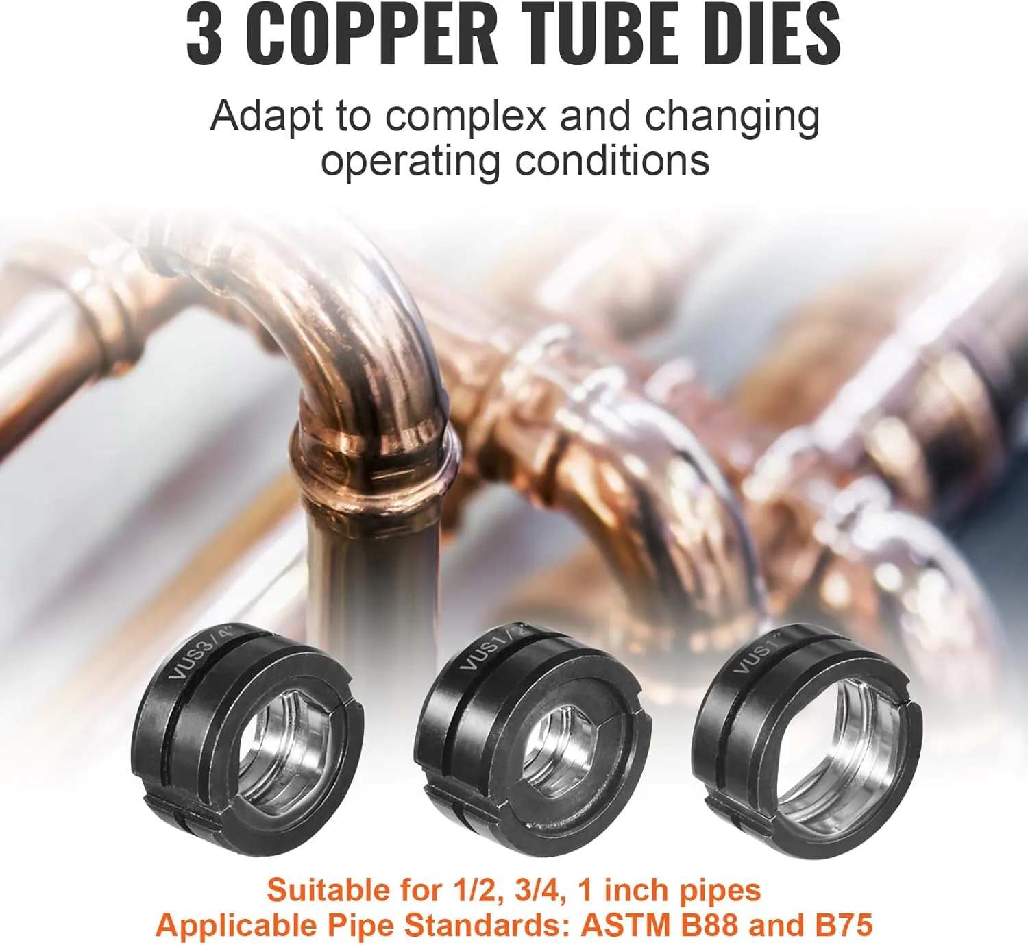 VEVOR Copper Press Tool Tube Fittings Crimping Kit, Pro Press Crimper with 1/2", 3/4", 1" Quick Change Jaws, 360° Rotatable Crimp Tool & Locking Pin, Extendable Handle, Meet ASTM B88 and B75 Standard