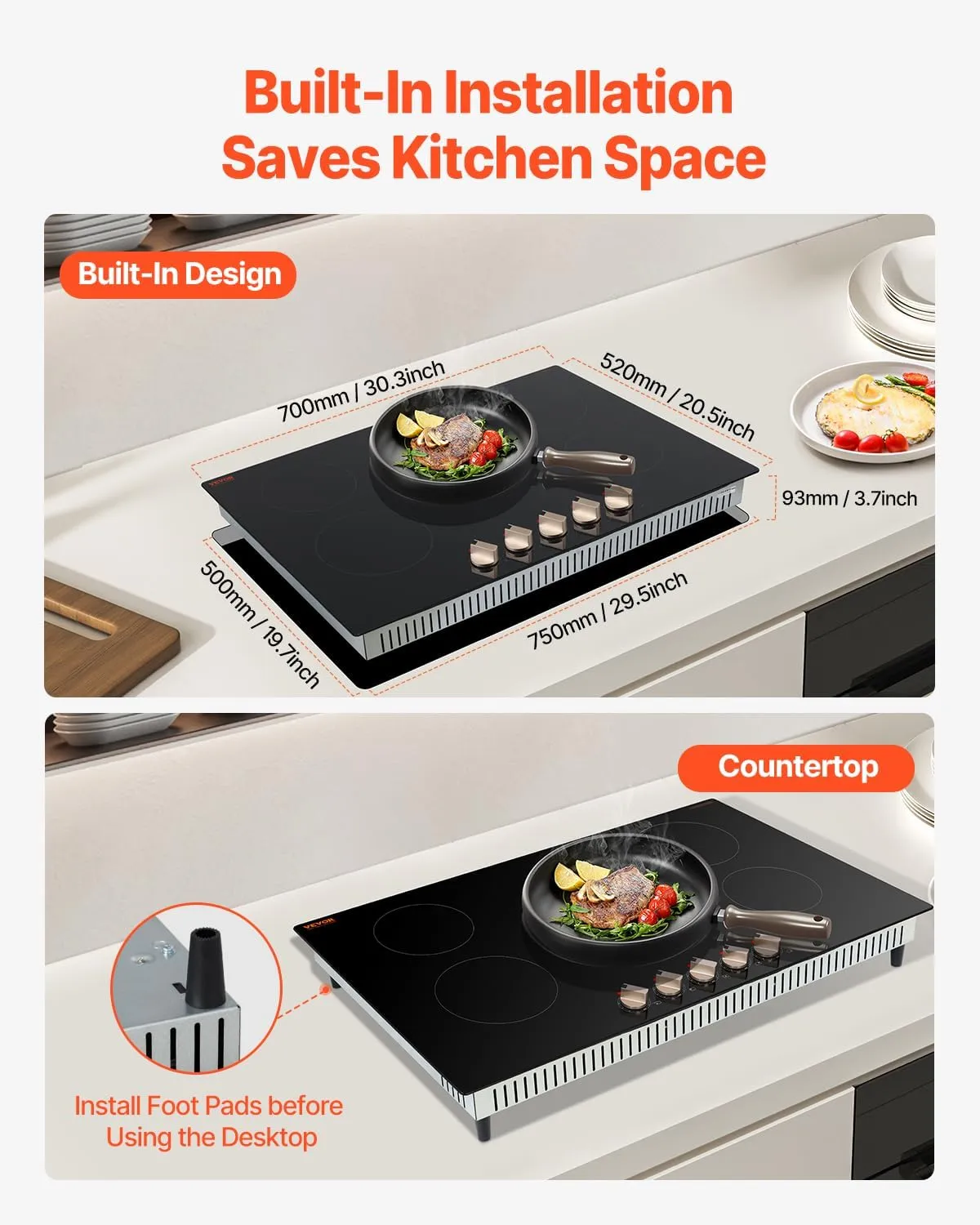 VEVOR Induction Cooktop, 9200W Electric Countertop Burner, 5 Burner Knob Control Stove, Built-in Induction Cooktop with 12 Temperature Settings, Glass Surface, Auto Shut-Off