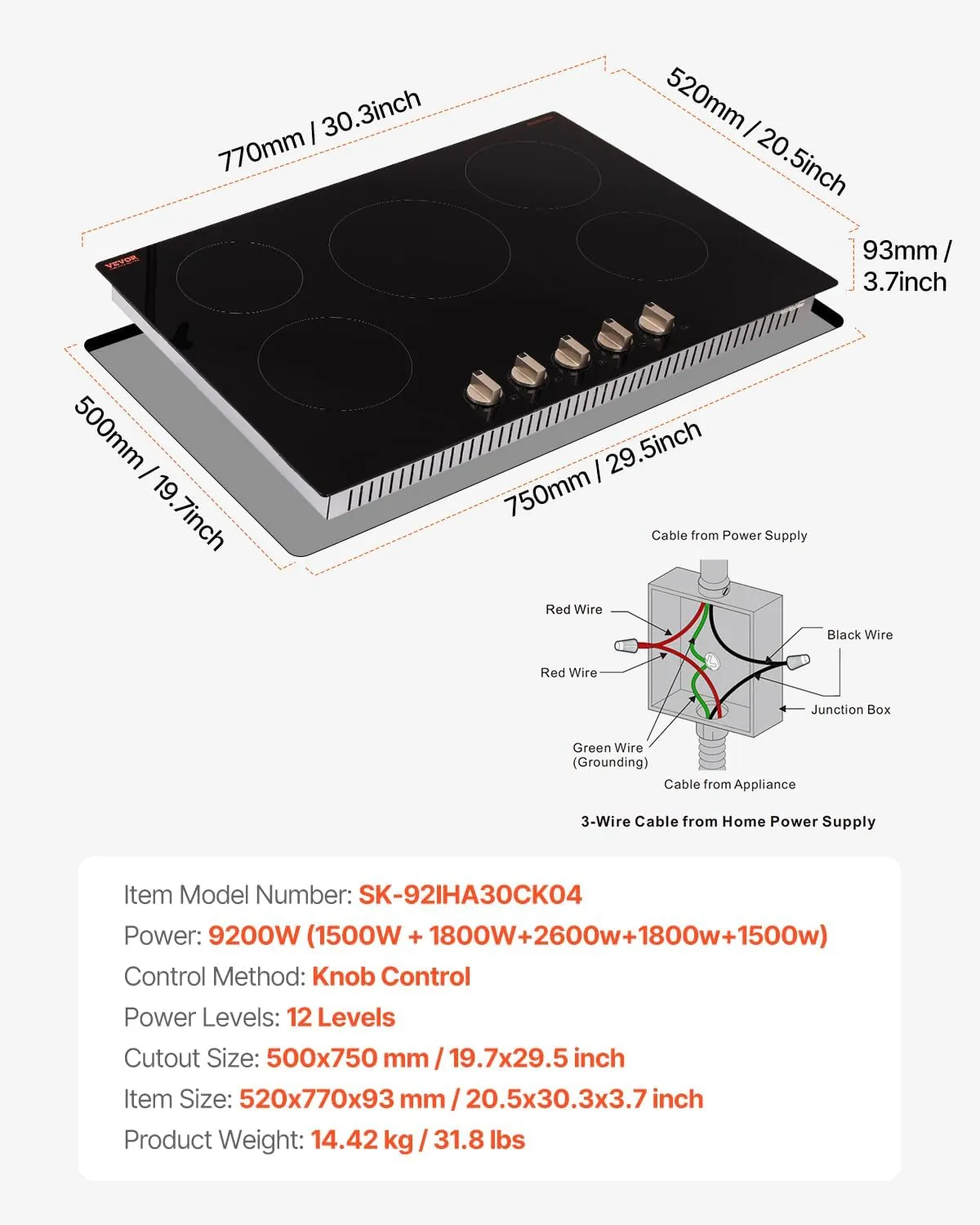 VEVOR Induction Cooktop, 9200W Electric Countertop Burner, 5 Burner Knob Control Stove, Built-in Induction Cooktop with 12 Temperature Settings, Glass Surface, Auto Shut-Off