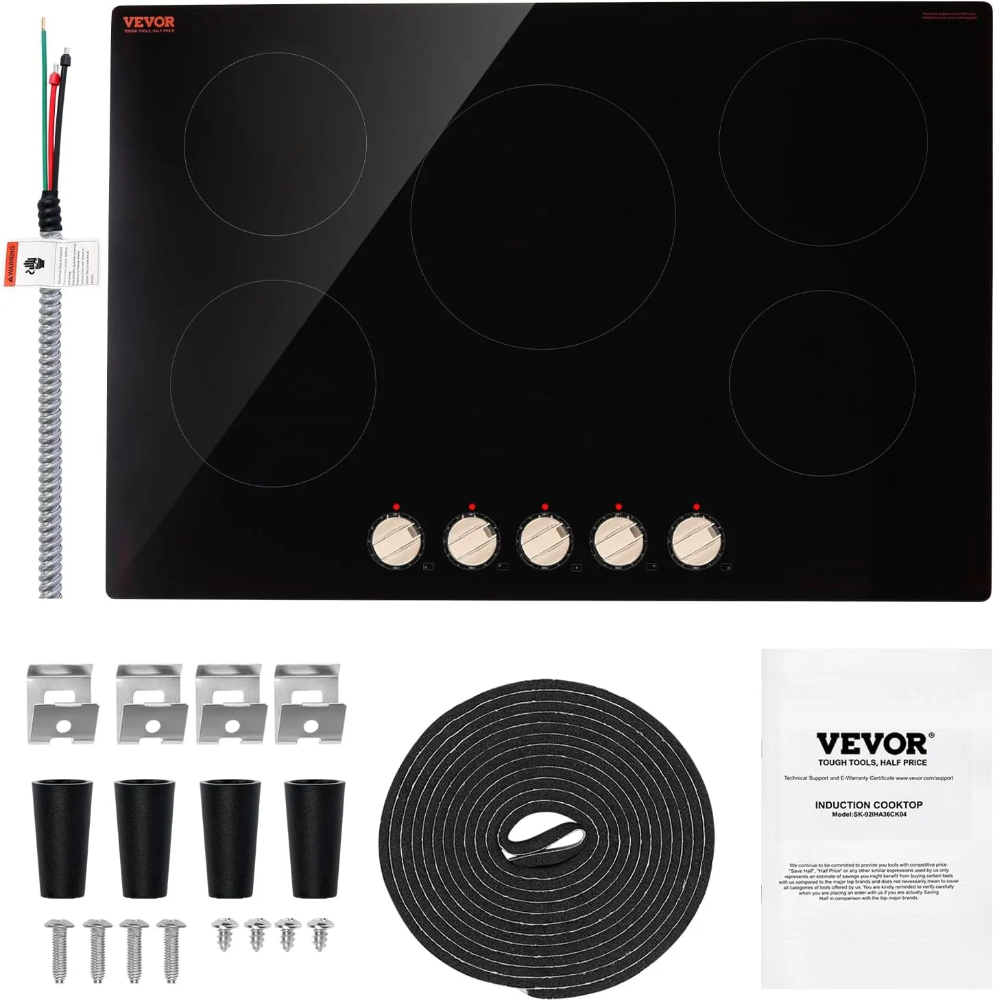 VEVOR Induction Cooktop, 9200W Electric Countertop Burner, 5 Burner Knob Control Stove, Built-in Induction Cooktop with 12 Temperature Settings, Glass Surface, Auto Shut-Off