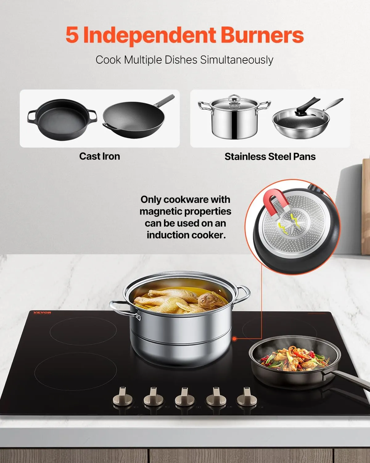 VEVOR Induction Cooktop, 9200W Electric Countertop Burner, 5 Burner Knob Control Stove, Built-in Induction Cooktop with 12 Temperature Settings, Glass Surface, Auto Shut-Off