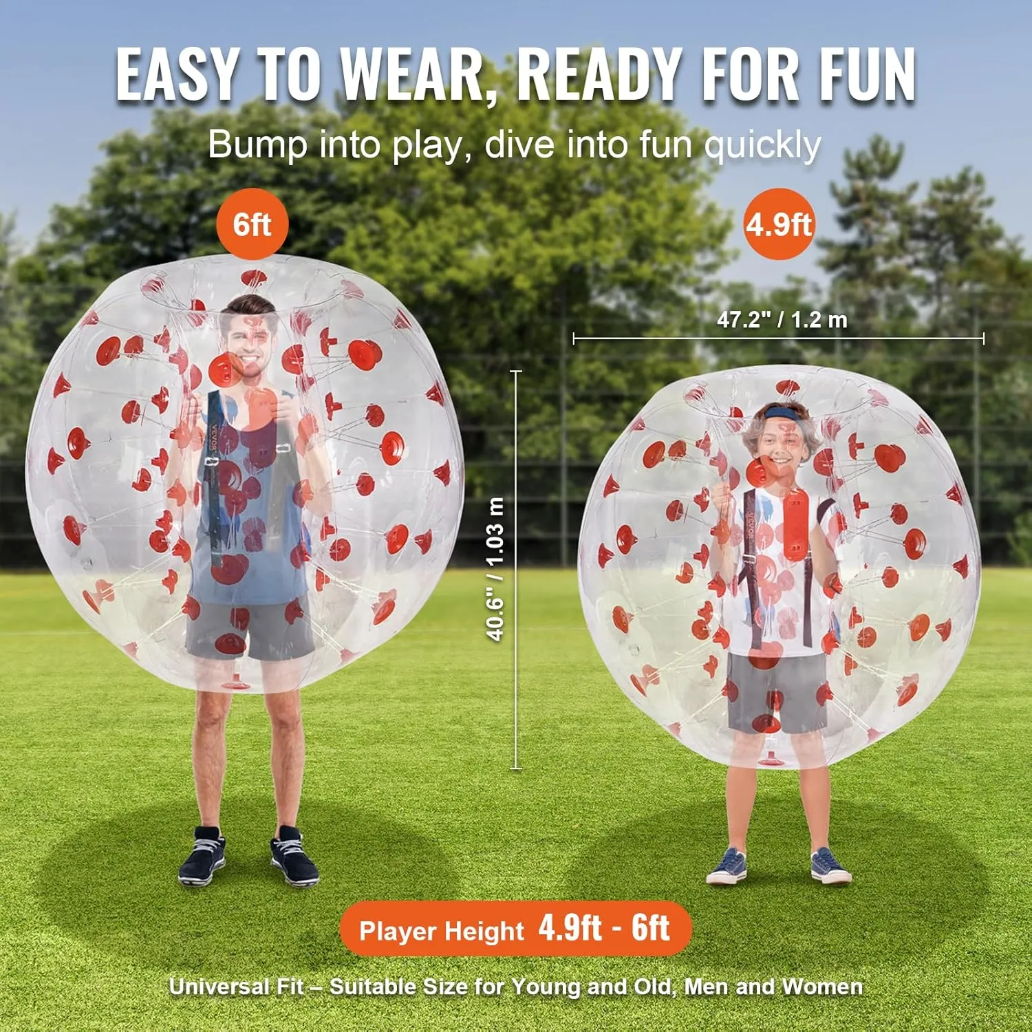 VEVOR Inflatable Bumper Ball, 4FT/5FT Body Sumo Zorb Balls for Teen, 0.8mm Thick PVC Human Hamster Bubble Balls for Outdoor Team Gaming Play, Bumper Bopper Toys for Garden, Yard, Park