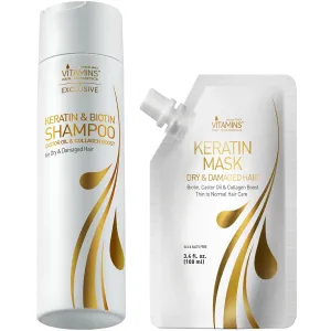 Vitamins Keratin Shampoo and Hair Mask Travel Kit - Renewing Cleanser for Extra Clean Luminous Blowout Look and Intensive Deep Conditioner for Dry Damaged Hair - Pro Salon Hair Treatment