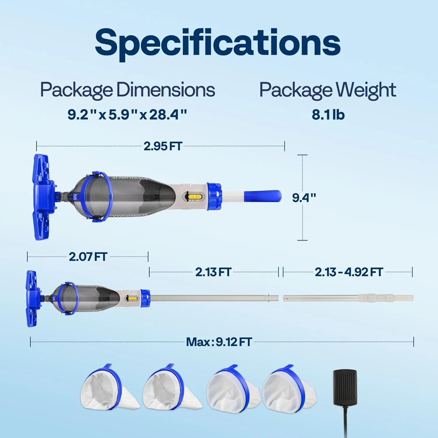 VIVOHOME Cordless Pool Vacuum with Telescopic & Extension Poles 9.12ft, 18.5 GPM Suction, 60-Min Run Time, Handheld Cleaner Rechargeable with Battery Indicator for Pools/Spas/Hot Tubs - Blue