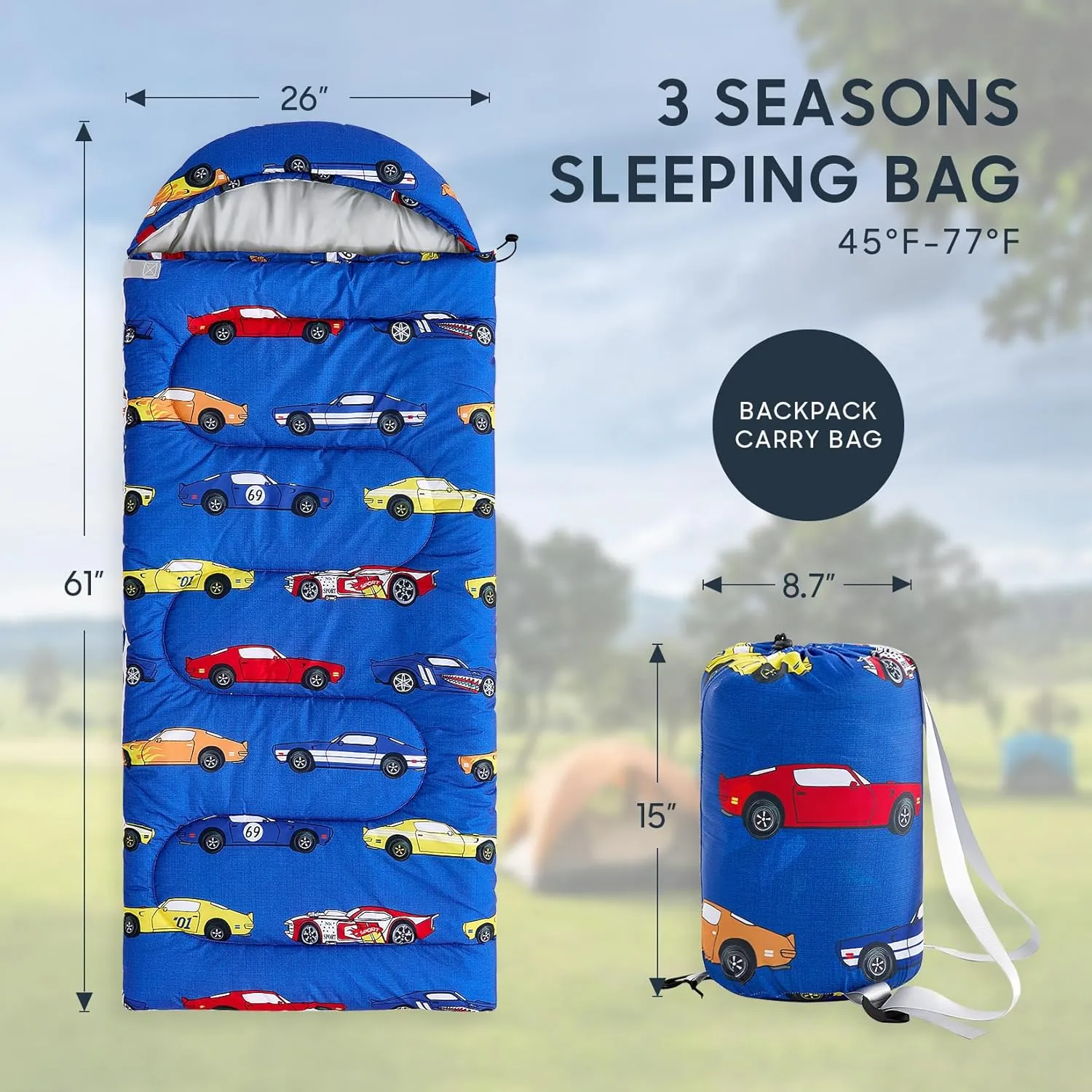 Wake In Cloud - Kids Sleeping Bag for Boys Toddlers, Camping in Warm Cold Weather, Backpacking Lightweight Compact Outdoor Liner for 3 Seasons Summer Spring Fall