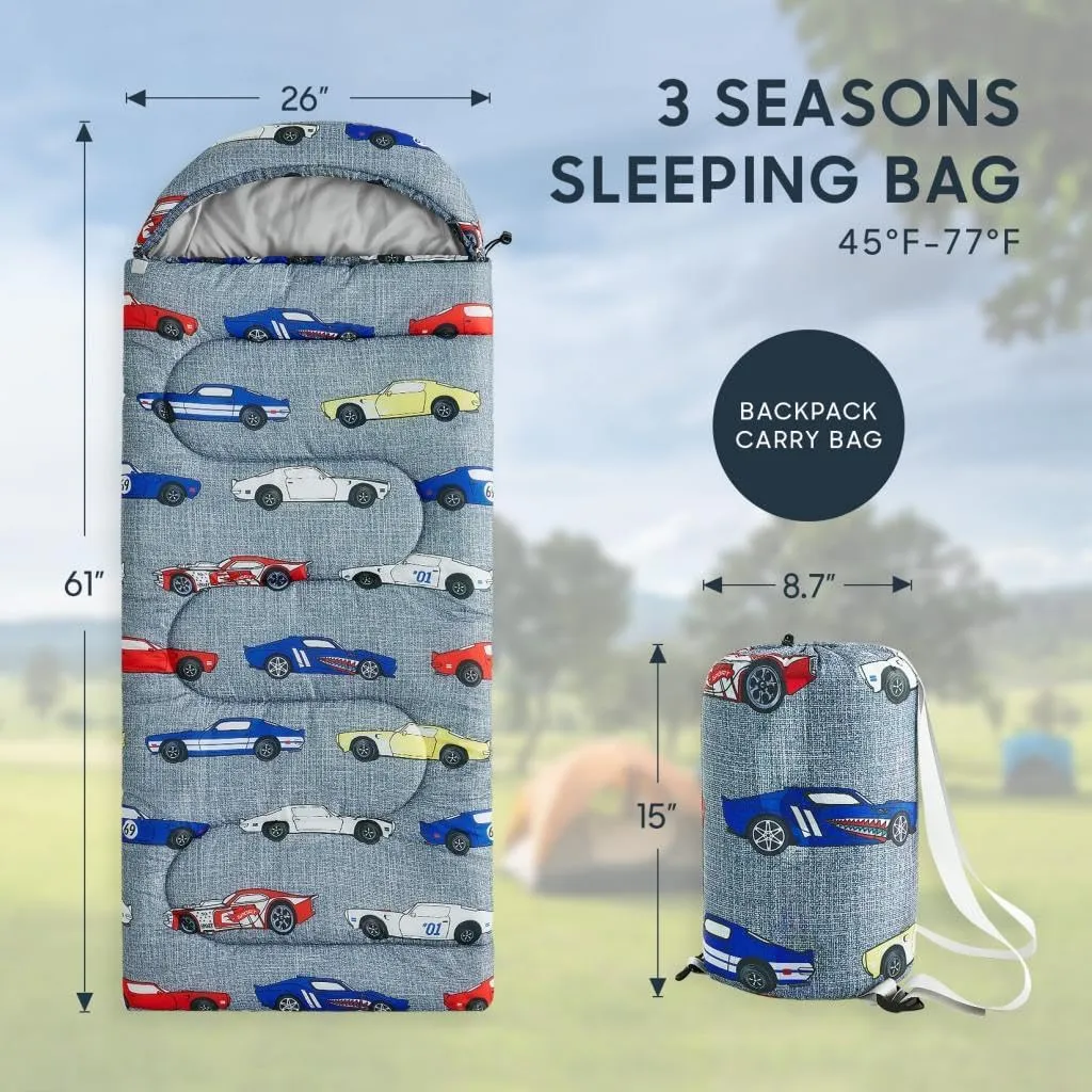Wake In Cloud - Kids Sleeping Bag for Boys Toddlers, Camping in Warm Cold Weather, Backpacking Lightweight Compact Outdoor Liner for 3 Seasons Summer Spring Fall
