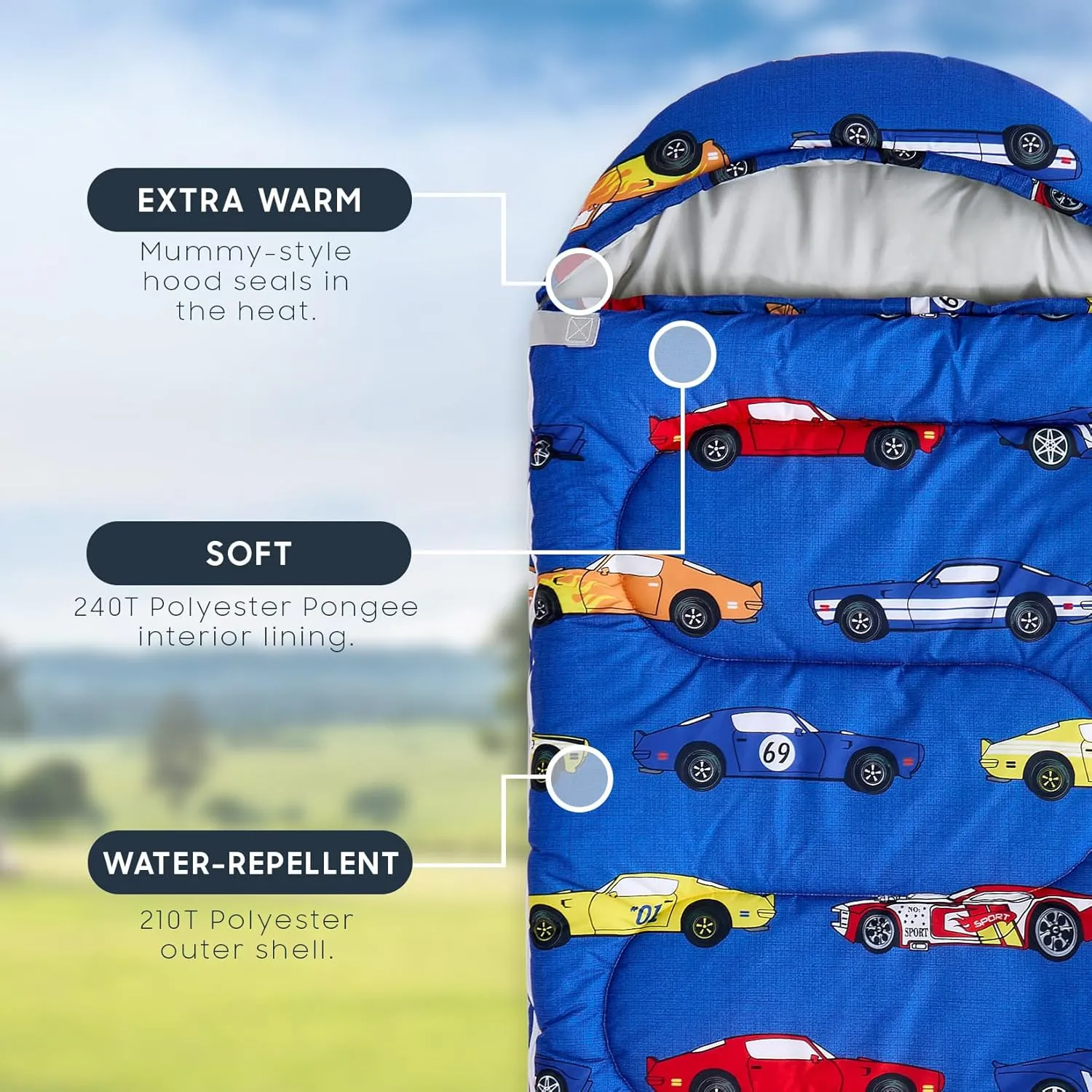 Wake In Cloud - Kids Sleeping Bag for Boys Toddlers, Camping in Warm Cold Weather, Backpacking Lightweight Compact Outdoor Liner for 3 Seasons Summer Spring Fall