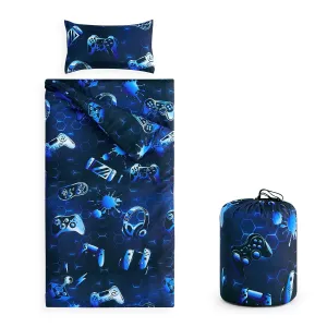 Wake In Cloud - Sleeping Bag for Kids Toddlers Boys, Portable Compact Lightweight Backpacking Nap Mat with Pillow and Blanket, Gamer Gaming Gamepad Video Game Controller on Navy Blue, 55" x 30"