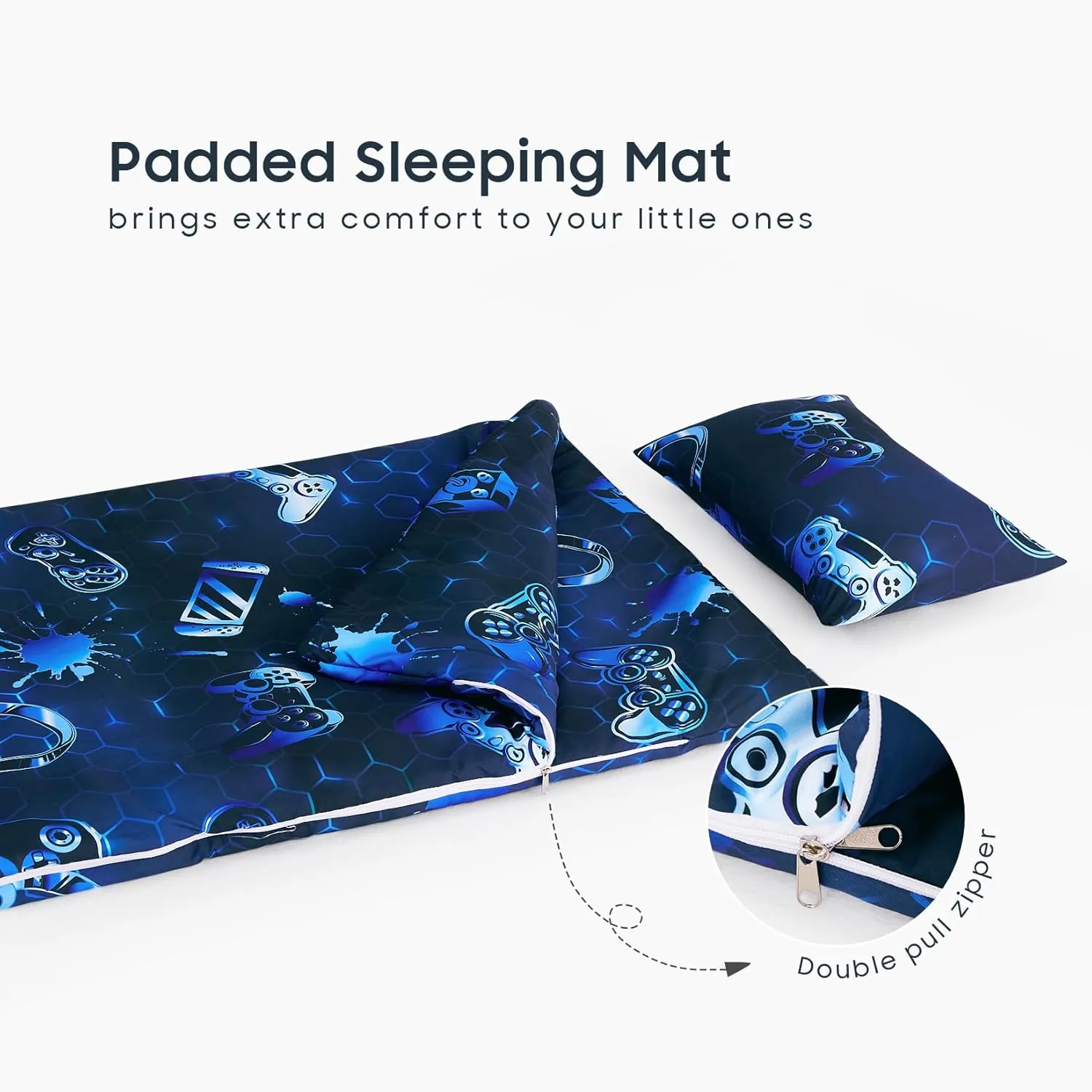 Wake In Cloud - Sleeping Bag for Kids Toddlers Boys, Portable Compact Lightweight Backpacking Nap Mat with Pillow and Blanket, Gamer Gaming Gamepad Video Game Controller on Navy Blue, 55" x 30"