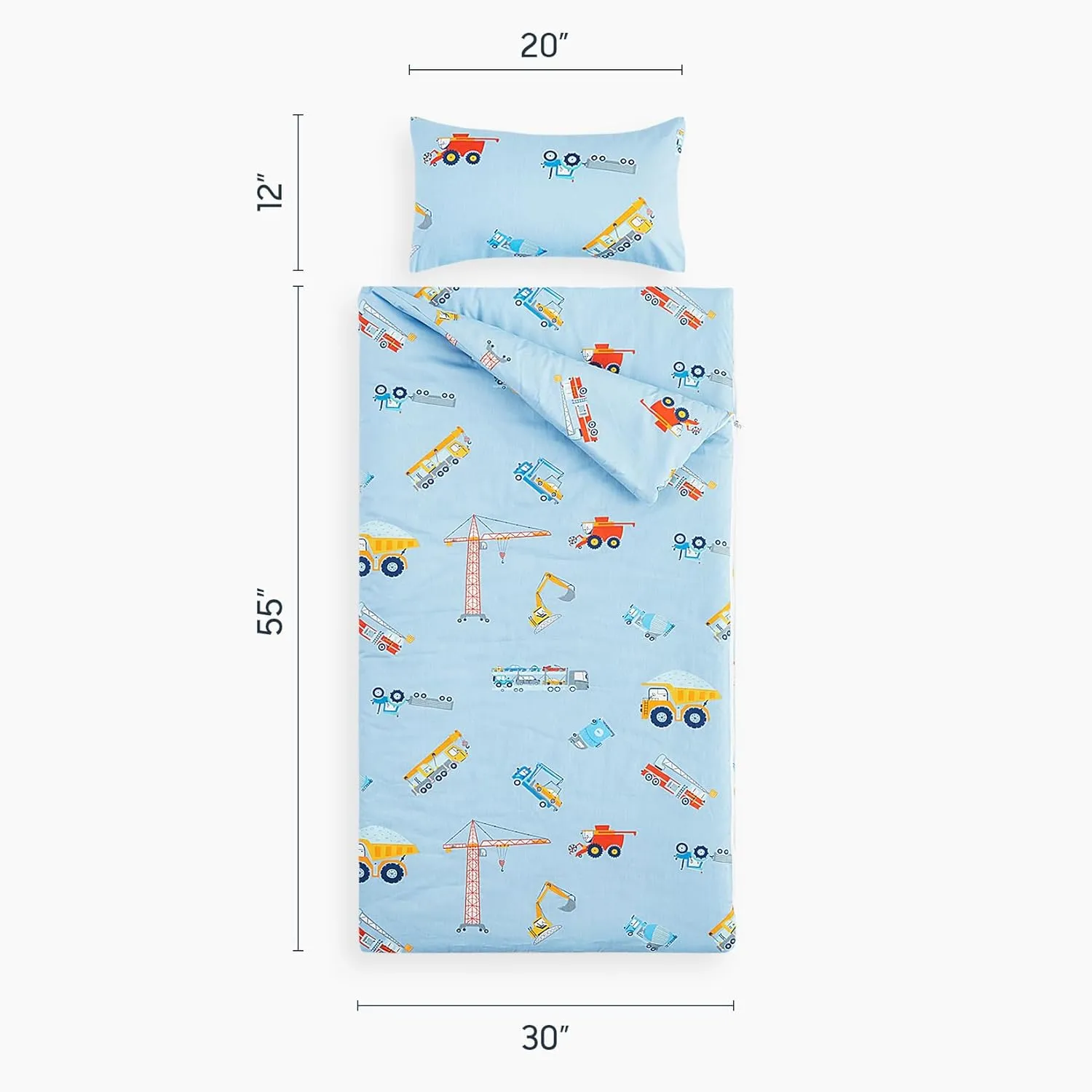Wake In Cloud - Sleeping Bag for Kids Toddlers, Cotton Fabric, Portable Compact Lightweight Backpacking Nap Mat with Pillow and Blanket, for Boys, Cars Cranes Excavators Trucks on Blue, 55" x 30"