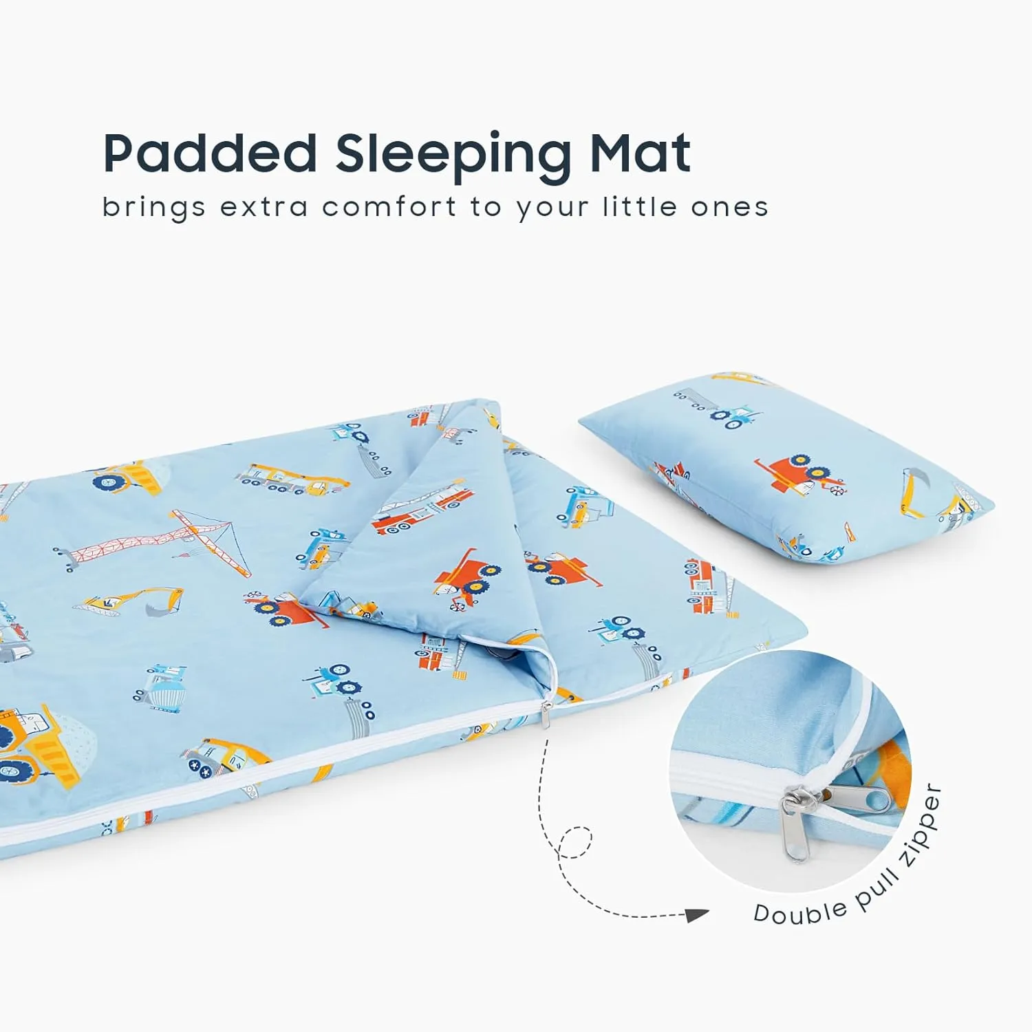 Wake In Cloud - Sleeping Bag for Kids Toddlers, Cotton Fabric, Portable Compact Lightweight Backpacking Nap Mat with Pillow and Blanket, for Boys, Cars Cranes Excavators Trucks on Blue, 55" x 30"