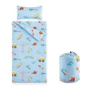 Wake In Cloud - Sleeping Bag for Kids Toddlers, Cotton Fabric, Portable Compact Lightweight Backpacking Nap Mat with Pillow and Blanket, for Boys, Cars Cranes Excavators Trucks on Blue, 55" x 30"