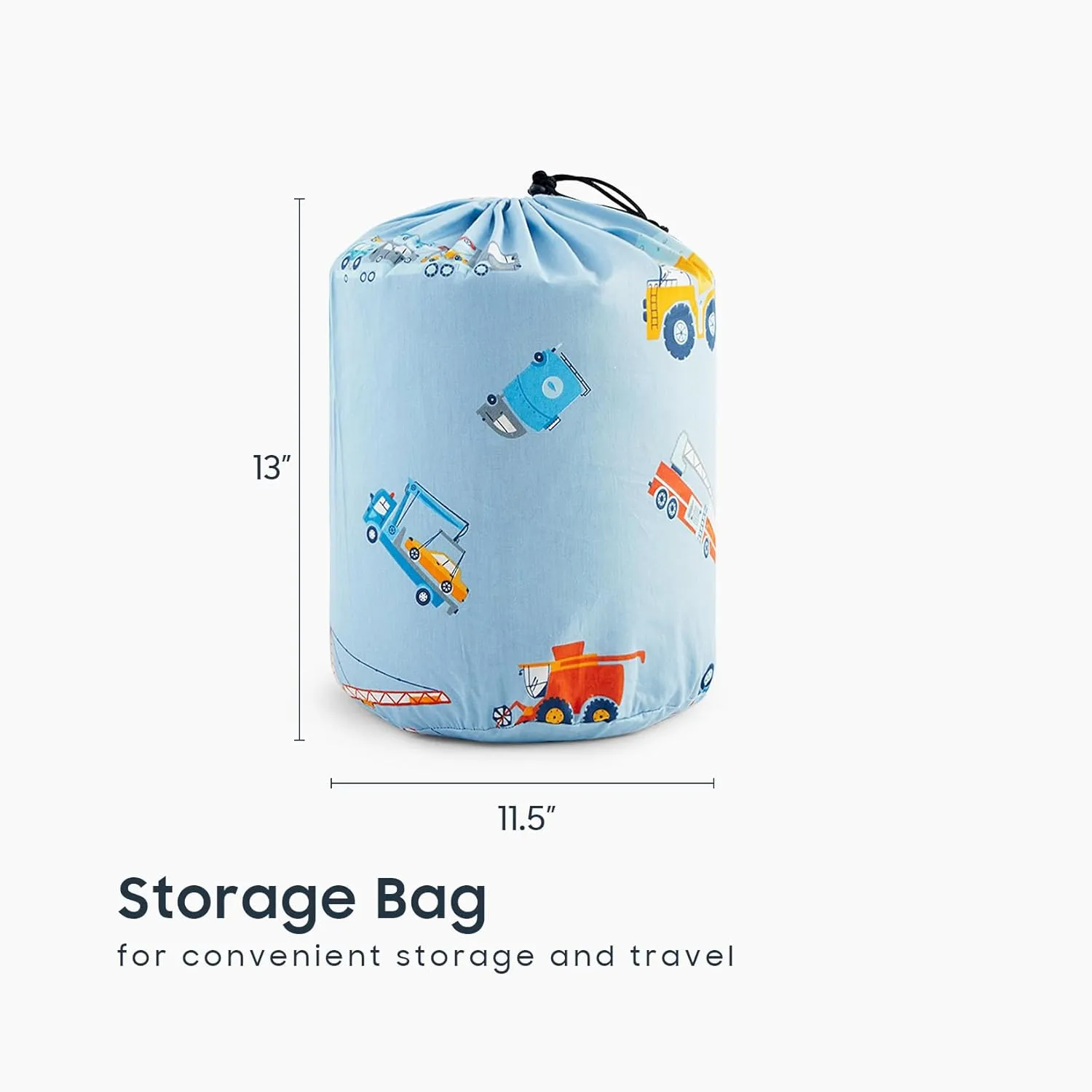 Wake In Cloud - Sleeping Bag for Kids Toddlers, Cotton Fabric, Portable Compact Lightweight Backpacking Nap Mat with Pillow and Blanket, for Boys, Cars Cranes Excavators Trucks on Blue, 55" x 30"