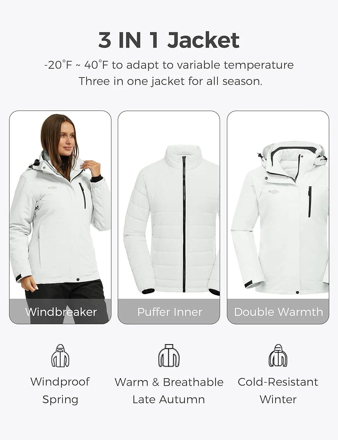 wantdo Women's 3 in 1 Waterproof Ski Jacket Windproof Winter Snow Coat Snowboarding Jackets Warm Raincoat
