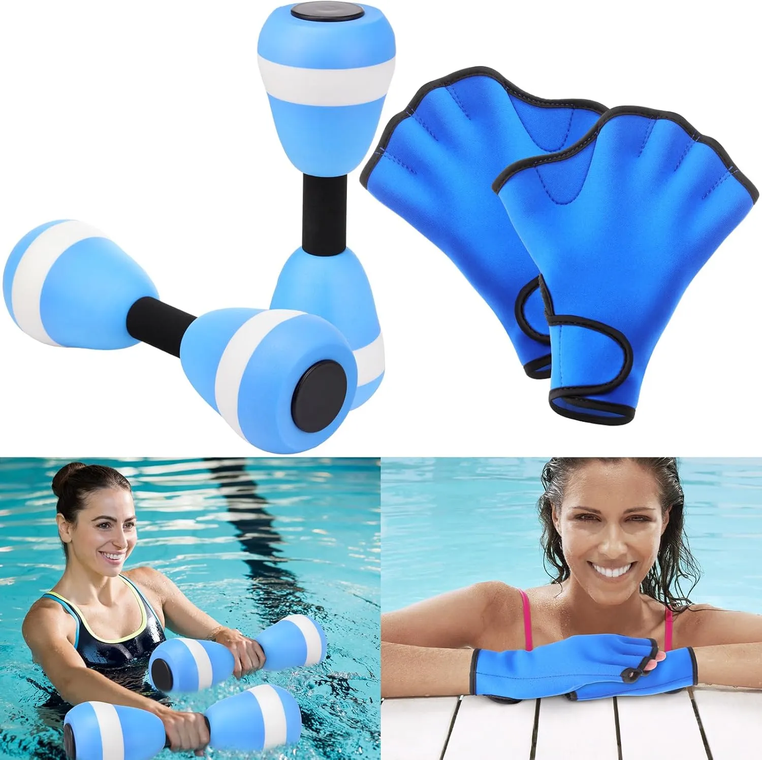 Water Aerobics Set for Aquatic Exercise 1 Pair Neoprene Swimming Glove 2 Pcs Foam Aquatic Dumbbells Water Weights Equipment Pool Resistance Fitness Equipment for Training Workouts