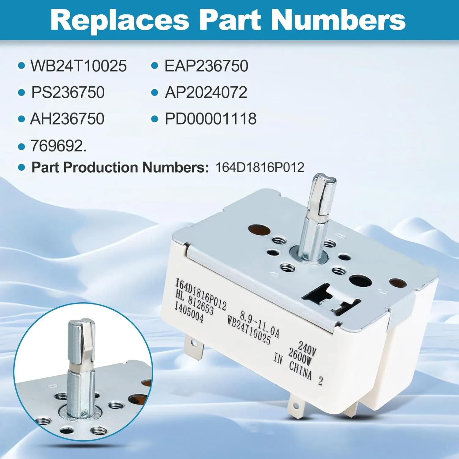 WB24T10025 Surface Burner Control Switch Replace for GE Electric Ranges 8 Inch OEM Range Switch, Fits GE, for Kenmore, for Hotpoint Range Infinite Control Switch Replace for:154510 AP2024072 PS236750