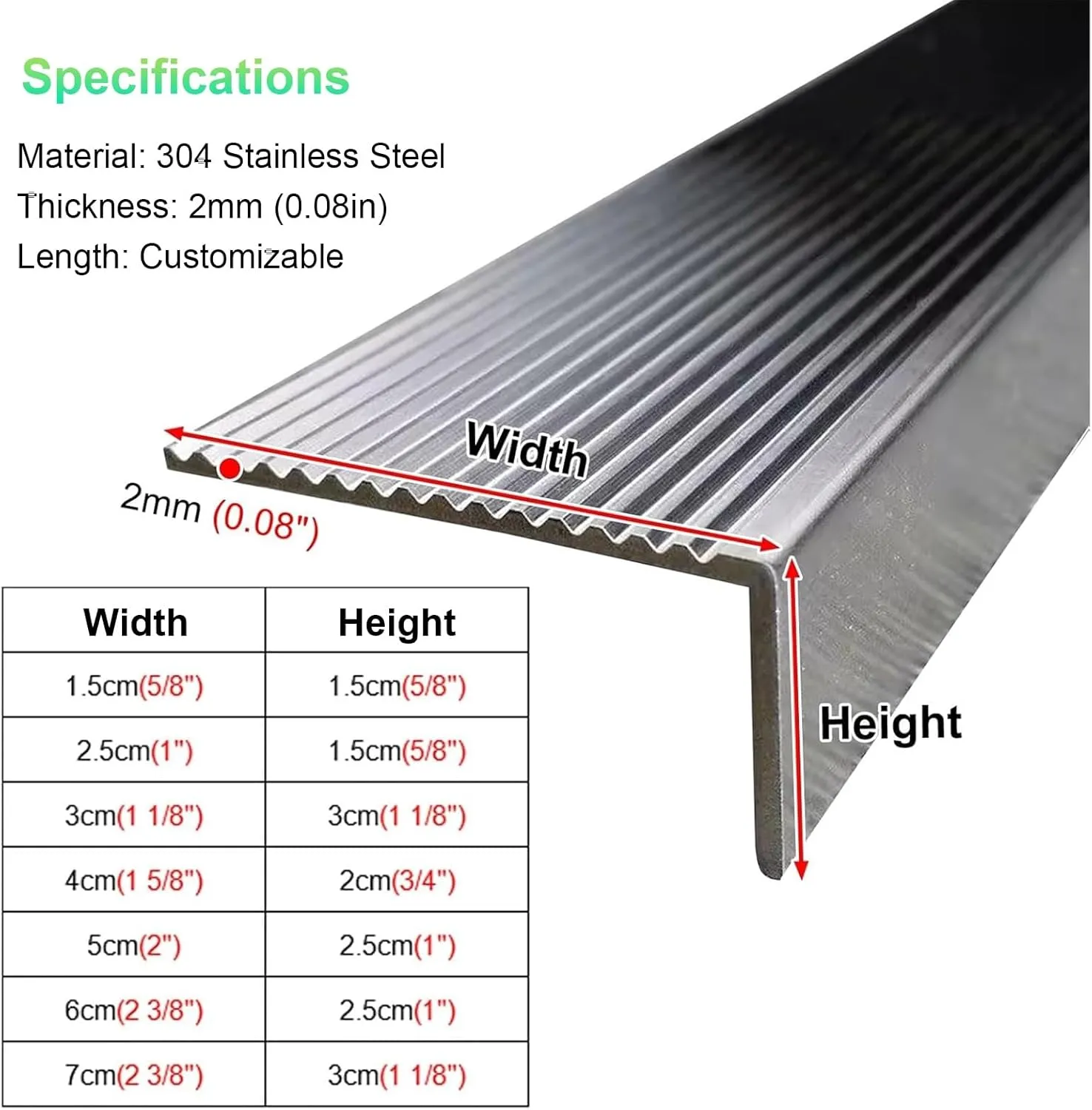 WDJBPSH 304 Stainless Steel Stair Nosing, L-Shaped Step Edge Protector Strip for Vinyl Flooring/Laminate Flooring/Tile Floor, Non-Slip Staircase Tread Guard Molding(W 2.5cm(1"),L 150cm (59"))