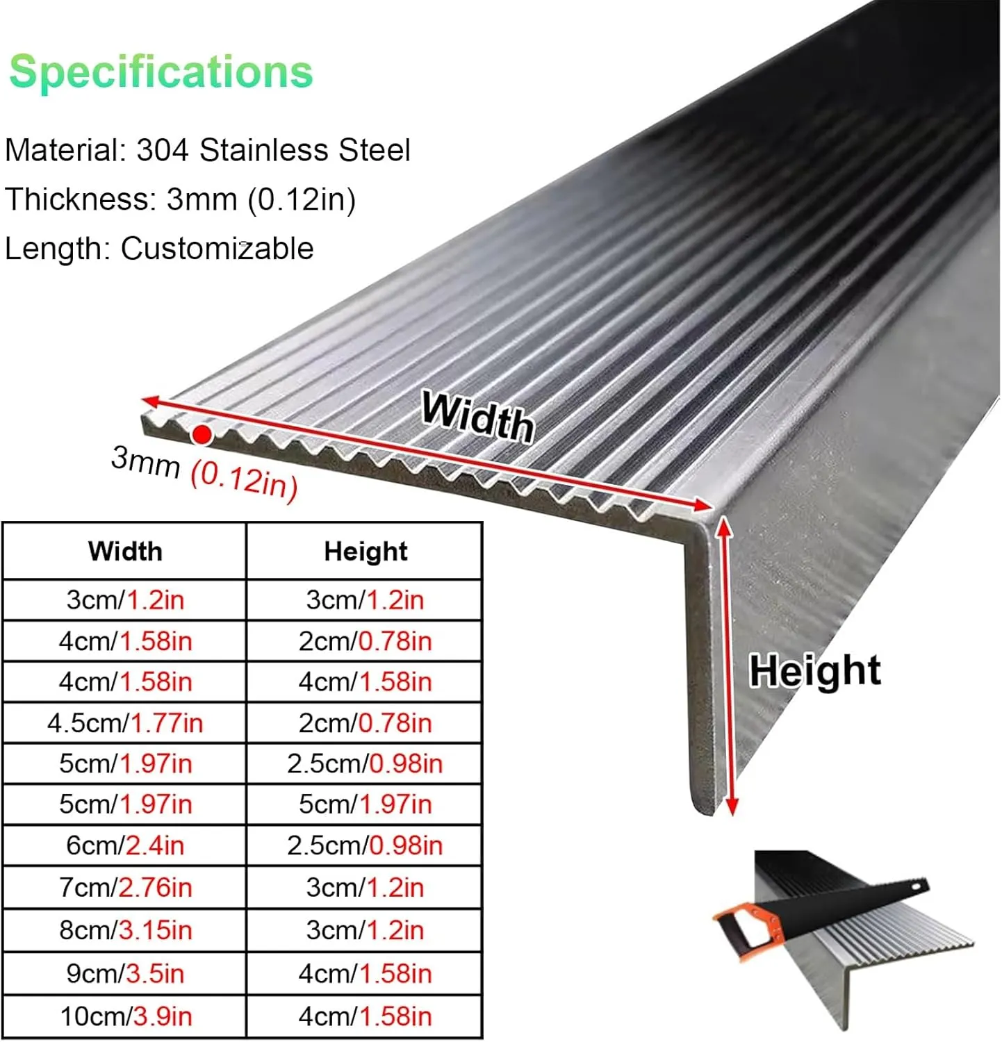 WDJBPSH 40" Stainless Steel Stair Nosing Trim, L Shape Waterproof Staircase Edge Trim for Concrete/Wood/Tire Steps, Non-Slip Edging Protector for Indoor/Outdoor Use(5X 5cm/1.97x1.97in)