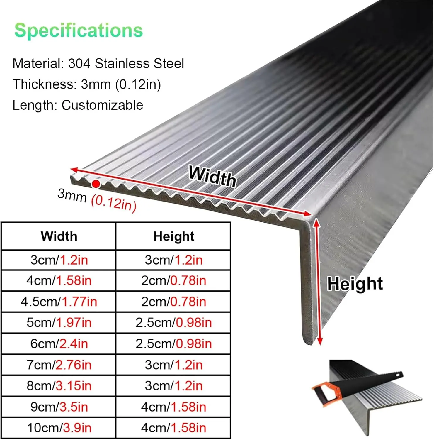 WDJBPSH Anti-Slip Stair Nosing for Outdoor & Indoor Steps, Heavy-Gauge Stainless Steel Staircase Tread Edging, Custom Size L-Shaped Metal Corner Guard, Can Be Cut(W 4.5cm/1.77in,L 110cm/43in)