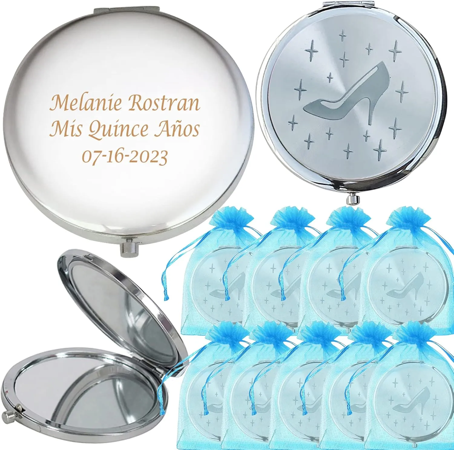 WE Personalized Silver Compact Mirror Favor (12 PCS) - Cinderella High Heel Shoe Design Quinceanera/Sweet 16/ Zapatilla de Cenicienta Birthday Gift (Turquoise)