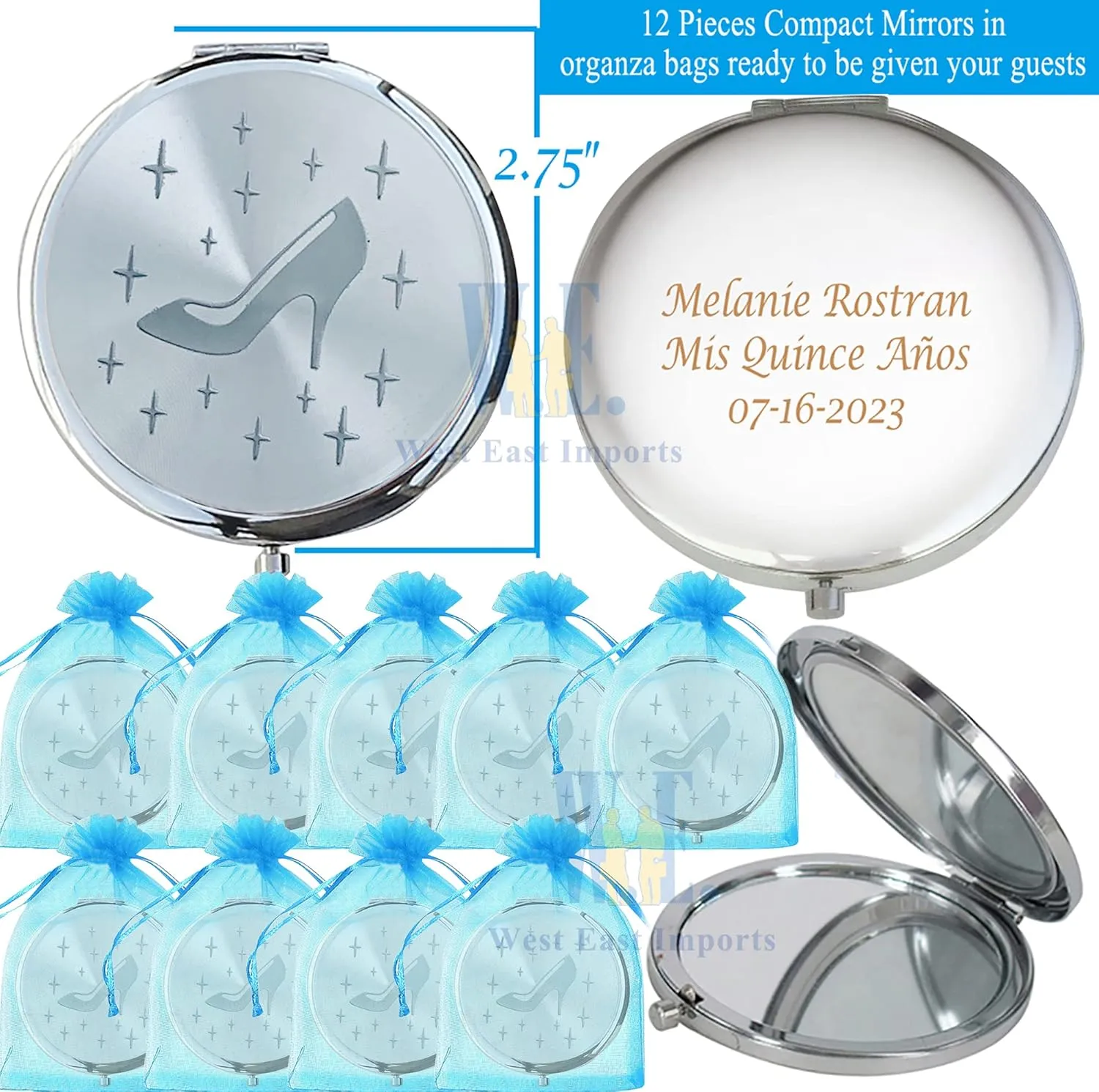 WE Personalized Silver Compact Mirror Favor (12 PCS) - Cinderella High Heel Shoe Design Quinceanera/Sweet 16/ Zapatilla de Cenicienta Birthday Gift (Turquoise)