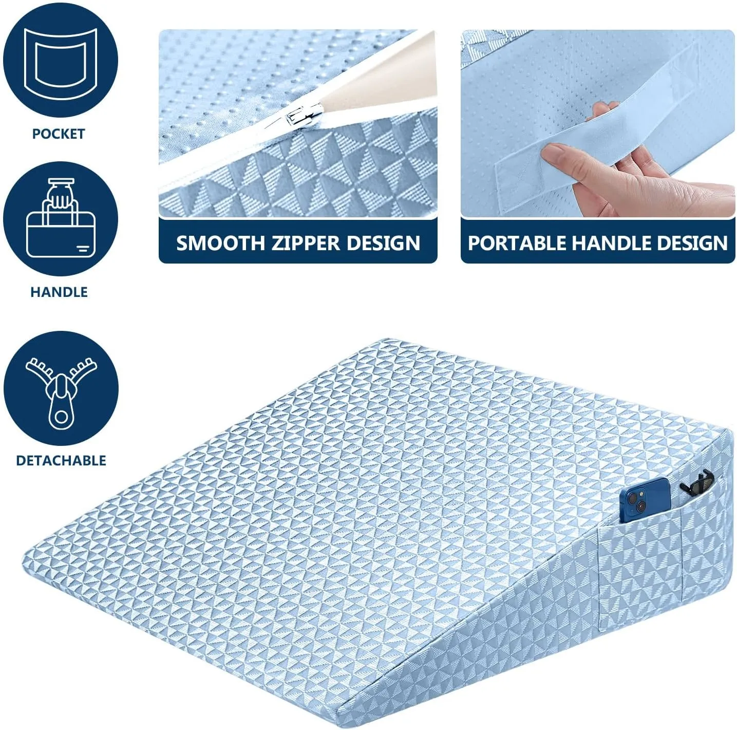 Wedge Pillow 7.5" Bed Wedge After Surgery, Back Pain Relief, Memory Foam Pillow Triangle Incline Wedge for Back Support, Leg Elevation（Blue）