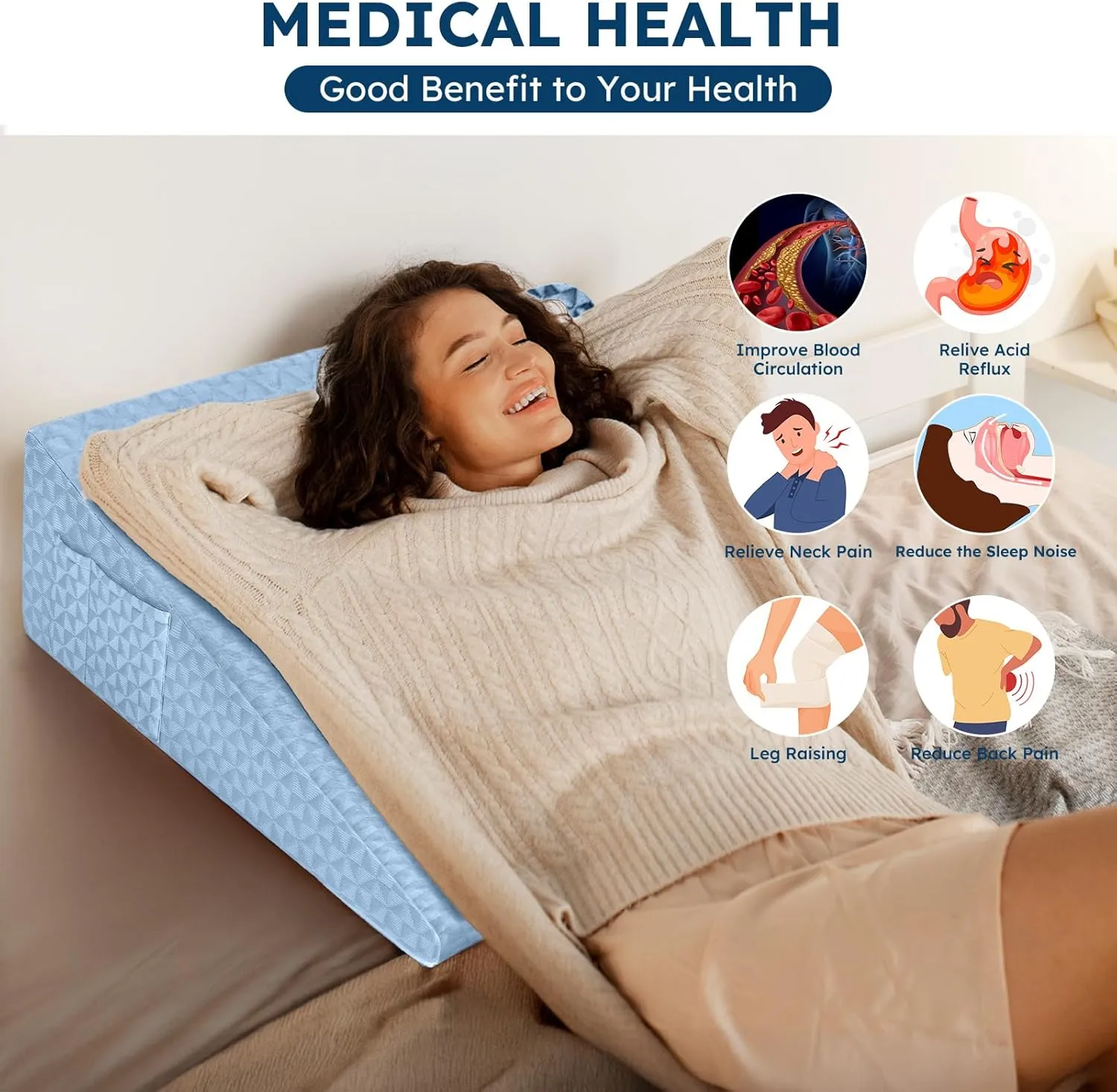 Wedge Pillow 7.5" Bed Wedge After Surgery, Back Pain Relief, Memory Foam Pillow Triangle Incline Wedge for Back Support, Leg Elevation（Blue）