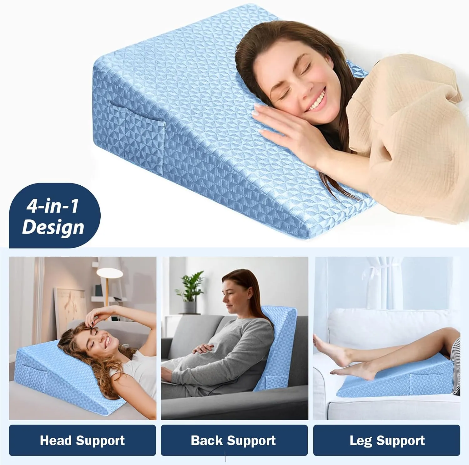 Wedge Pillow 7.5" Bed Wedge After Surgery, Back Pain Relief, Memory Foam Pillow Triangle Incline Wedge for Back Support, Leg Elevation（Blue）