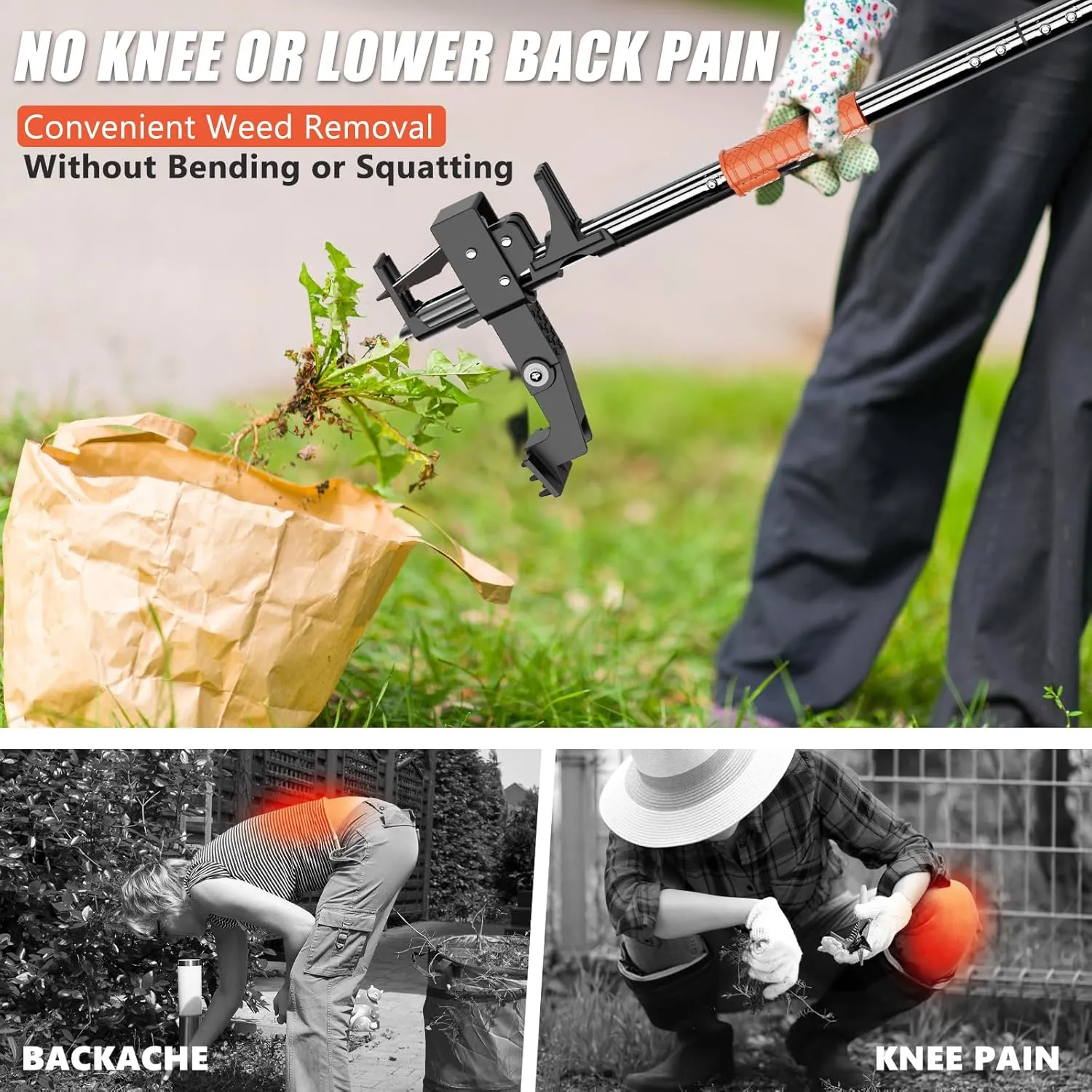 Weed Puller Tool, Gardening Stand-Up Weeder Puller with Ergonomic 39.3" Long Handle and 3 High-Strength Stainless Steel Claws, Easily Remove Weeds Without Bending, Pulling, or Kneeling