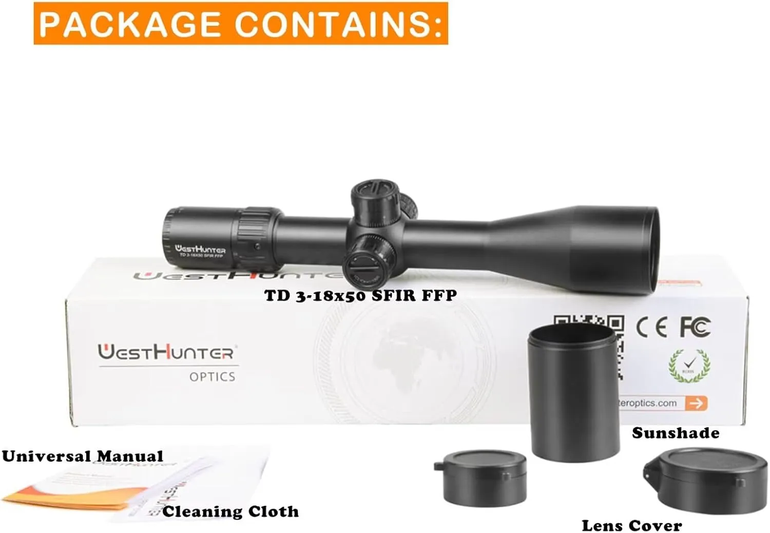 WestHunter Optics TD 3-18x50 SFIR FFP Precision Riflescope, 34 mm Tube First Focal Plane Red Illumination Tactical 1/10 MIL Competition Shooting Scope