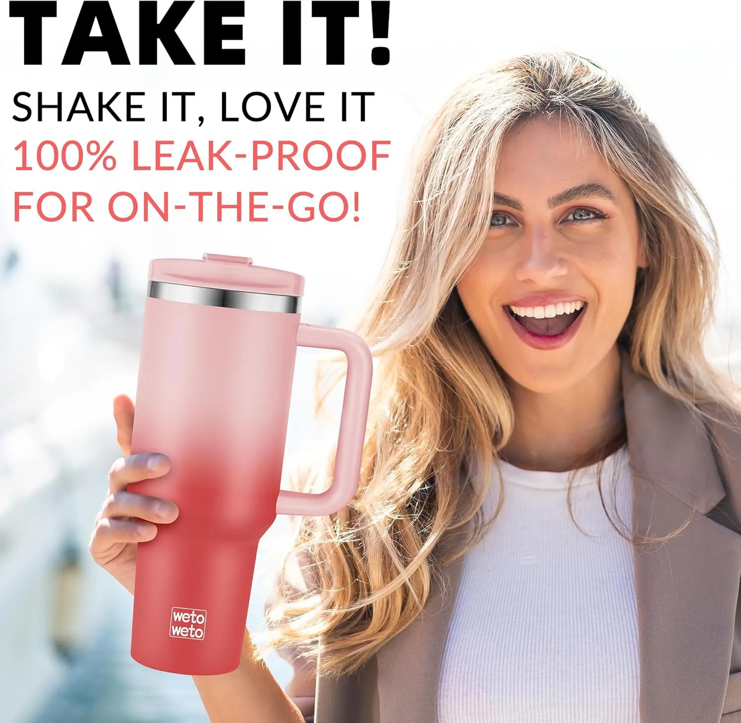 WETOWETO 40oz Tumbler with Handle | Insulated Stainless Steel Travel Mug | 34Hrs Cold & 10Hrs Hot Retention | 100% Leakproof Lid & Straw | Dishwasher Safe   Car Cup Holder Fit (Pink-Red Gradient)
