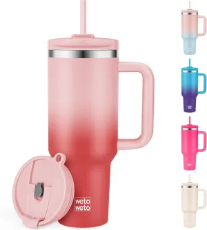 WETOWETO 40oz Tumbler with Handle | Insulated Stainless Steel Travel Mug | 34Hrs Cold & 10Hrs Hot Retention | 100% Leakproof Lid & Straw | Dishwasher Safe   Car Cup Holder Fit (Pink-Red Gradient)
