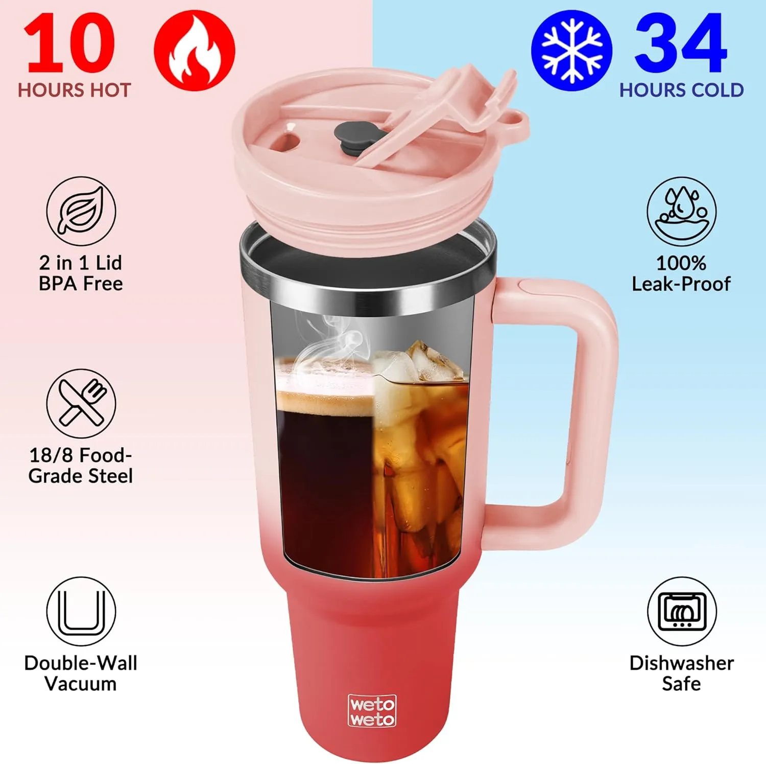 WETOWETO 40oz Tumbler with Handle | Insulated Stainless Steel Travel Mug | 34Hrs Cold & 10Hrs Hot Retention | 100% Leakproof Lid & Straw | Dishwasher Safe   Car Cup Holder Fit (Pink-Red Gradient)