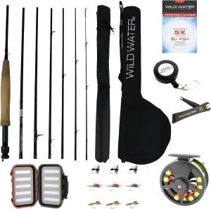 Wild Water 9 ft 7-Piece Fly Fishing Starter Kit, 5 Weight, Includes Die Cast Aluminum Reel, Rod Case, Fly Box and Flies, Ideal for Backpacking and Travel