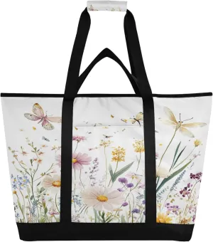 Wildflowers Reusable Insulated Cooler Bag with Ice Pack Compartment - Large 188L Waterproof Thermal Grocery Tote for Picnic Beach Camping Lunch Storage