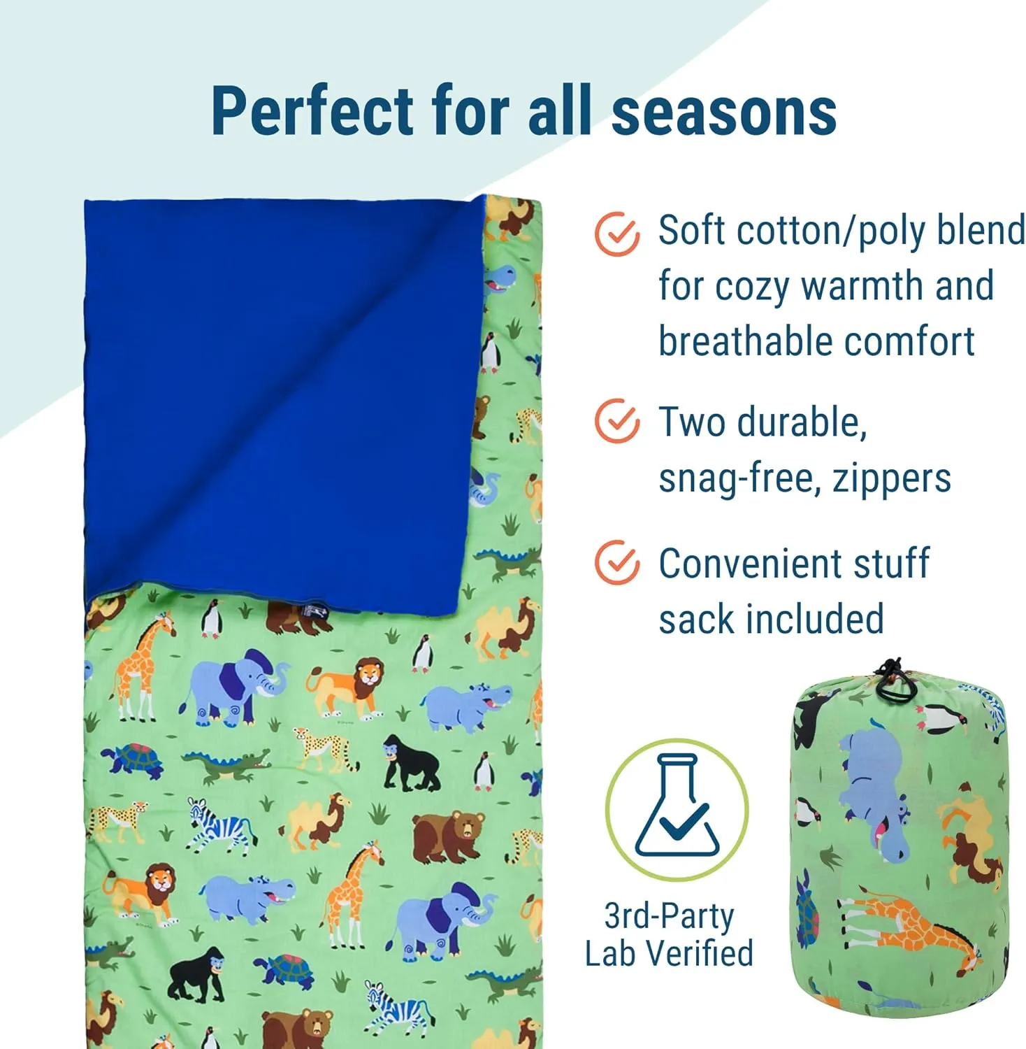 Wildkin Kids Sleeping Bag – Roll-Up Design with Storage Bag for School, Travel & Camping - Wild Animals