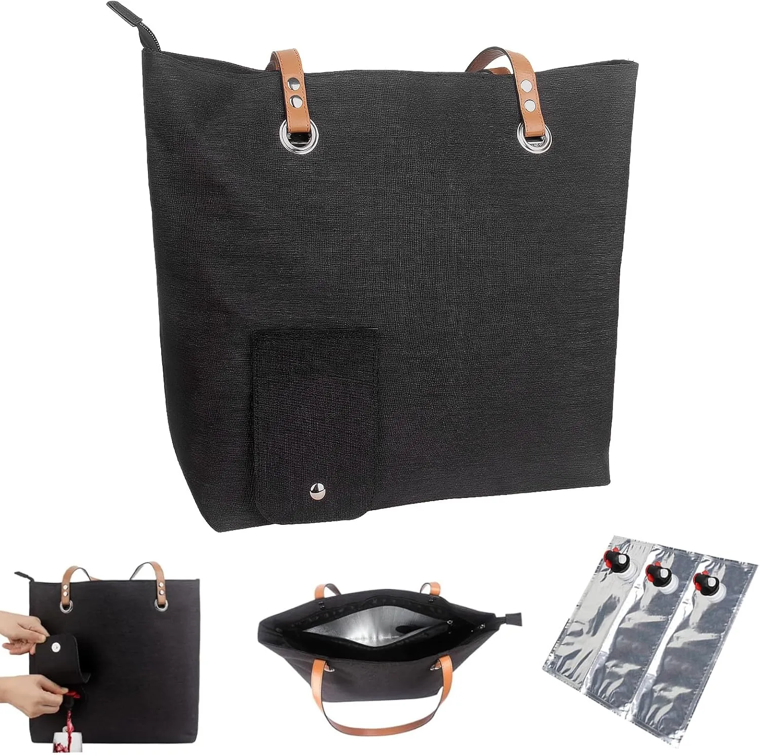 Wine Tote Bag with Hidden Dispenser, Large Wine Spout Purse, Insulated, Black, Unisex-Adults, Outdoor Enthusiasts, Social Drinkers, Satchel, 12.2" x 11.8" (31cm x 30cm)