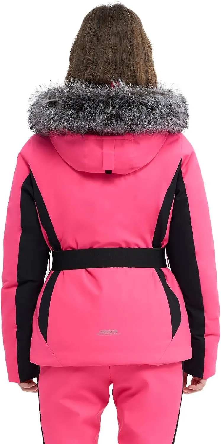 Women Ski Jacket Snowboard Fitted Slim Fit Short Snow Coat Belted Mountain Waterproof Insulated Warm Winter