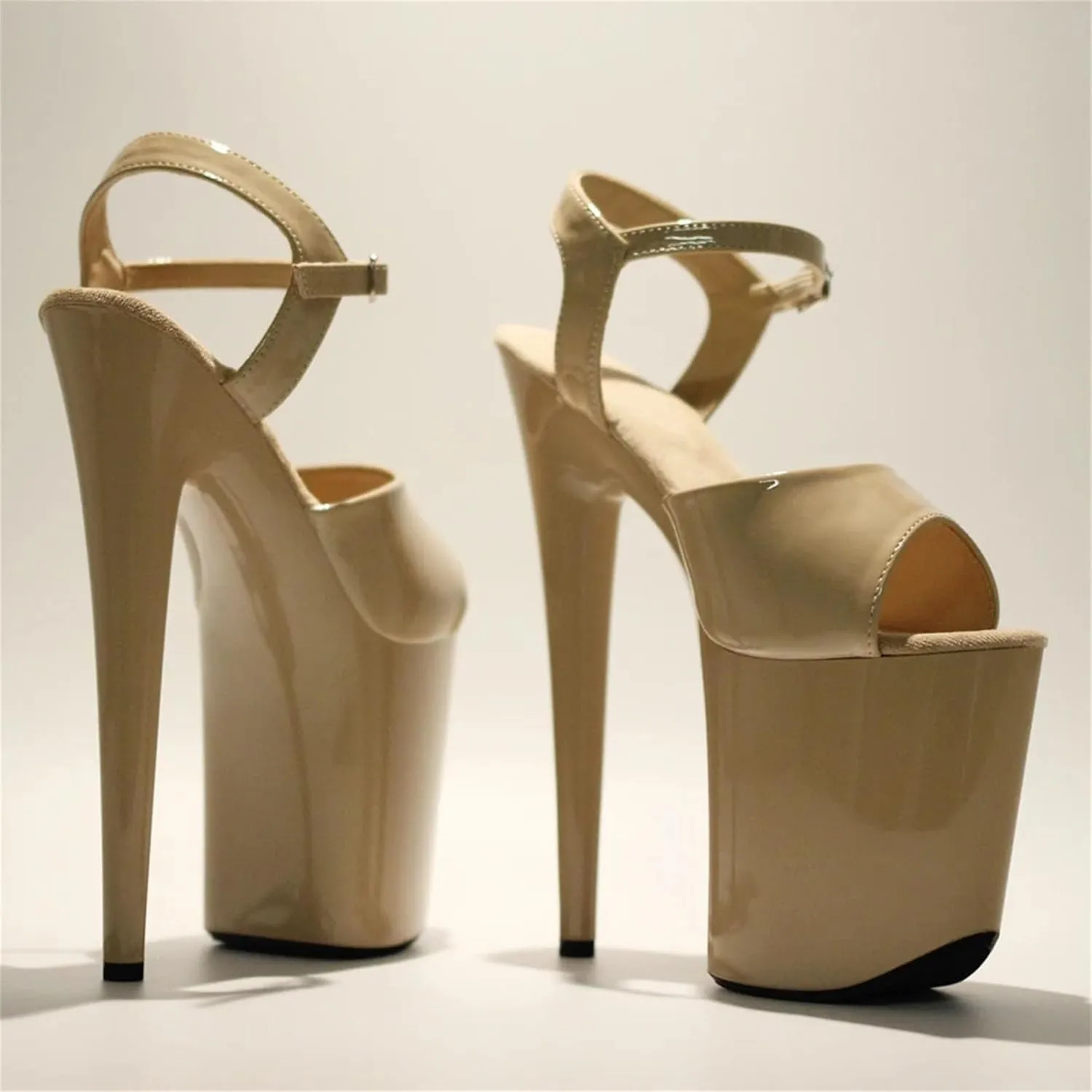 Women's Beige Pole Dance Sandals, Shinny Upper Thin Stiletto High Heels